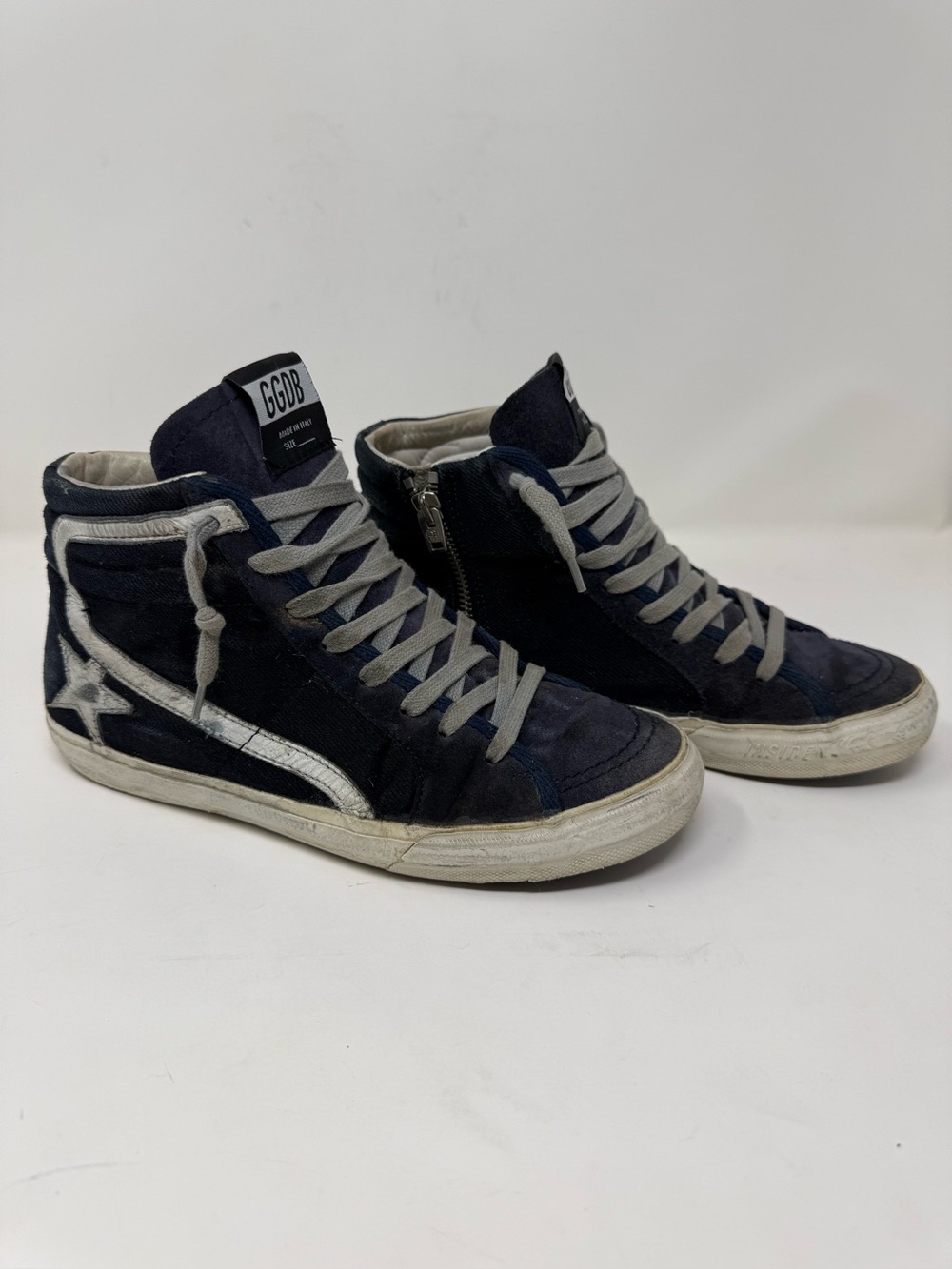 Golden Goose Slide High Top Sneakers Navy Suede Canvas Side Zip EU 38 US 8